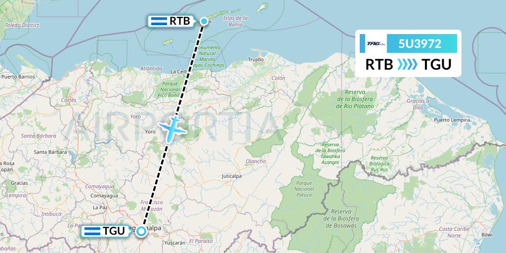 5U3972 TAG Airlines Flight Map: Roatan to Tegucigalpa