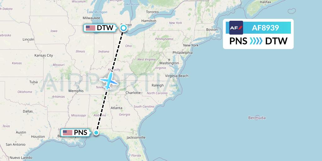 AF8939 Air France Flight Map: Pensacola to Detroit