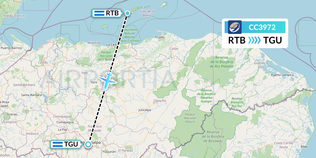 CC3972 CM Airlines Flight Map: Roatan to Tegucigalpa