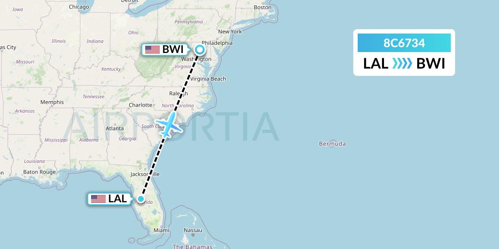 8C6734 Air Transport International Flight Map: Lakeland to Baltimore