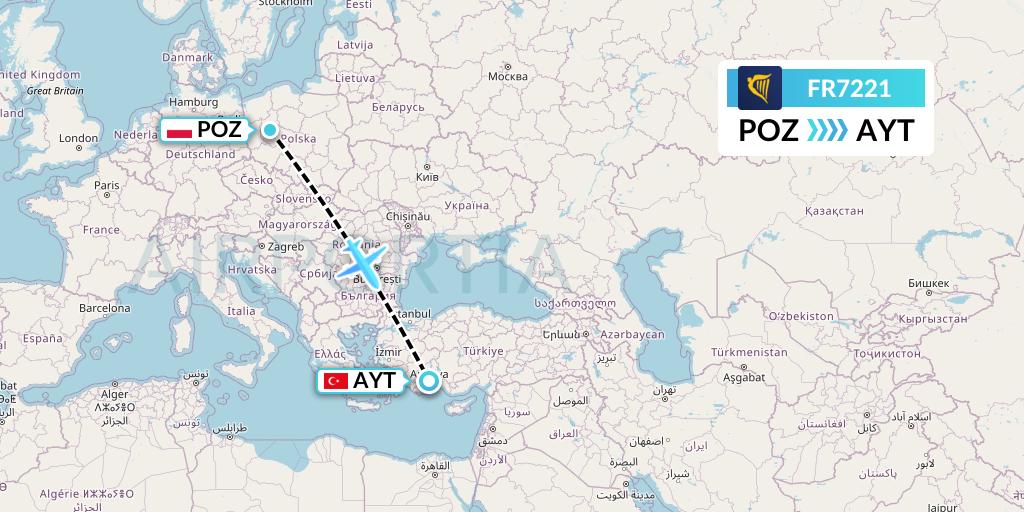 FR7221 Ryanair Flight Map: Poznan to Antalya