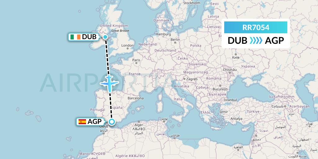 RR7054 Royal Air Force Flight Map: Dublin to Malaga