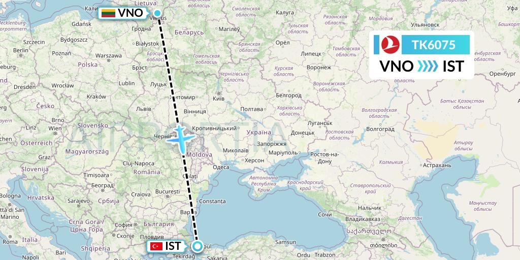 TK6075 Turkish Airlines Flight Map: Vilnius to Istanbul