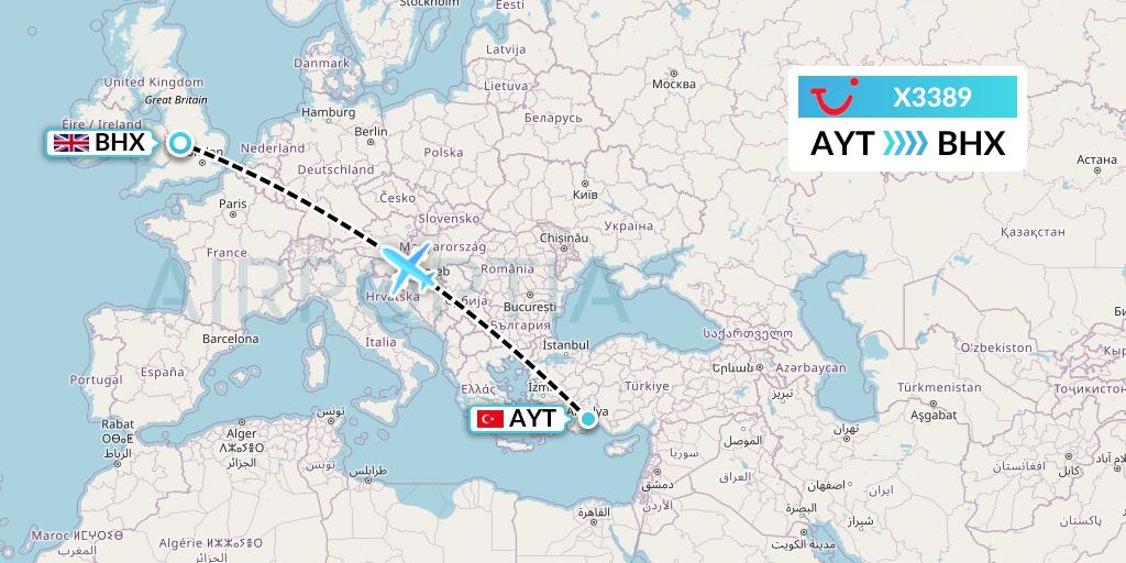 X3389 TUI fly Germany Flight Map: Antalya to Birmingham