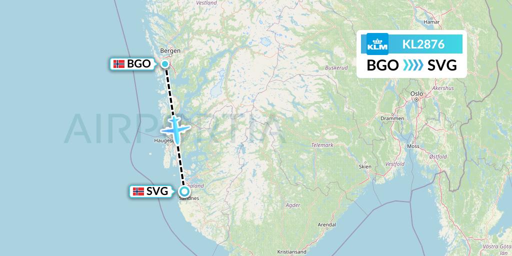KL2876 KLM Flight Map: Bergen to Stavanger