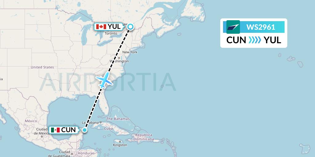 WS2961 WestJet Flight Map: Cancun to Montreal