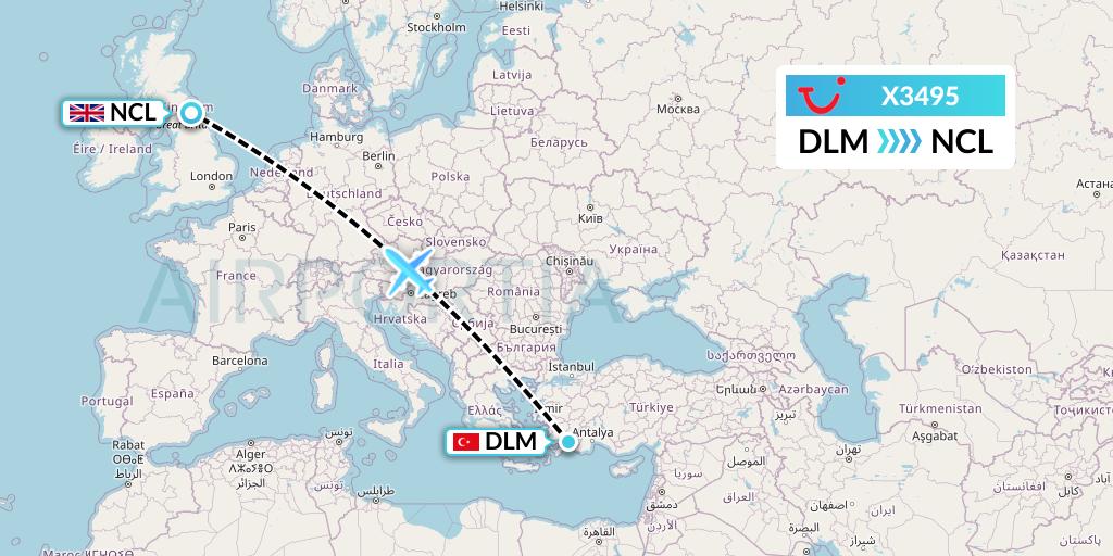 X3495 TUI fly Germany Flight Map: Dalaman to Newcastle