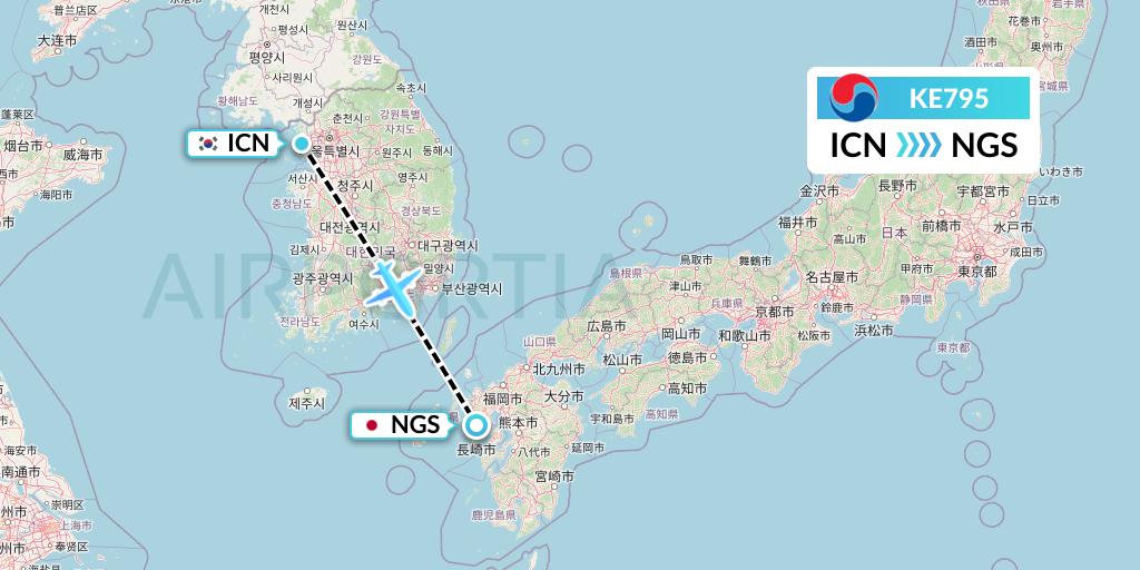 KE795 Korean Air Flight Map: Seoul to Nagasaki