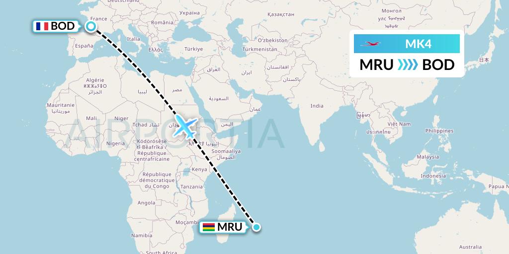 MK4 Air Mauritius Flight Map: Port Louis to Bordeaux