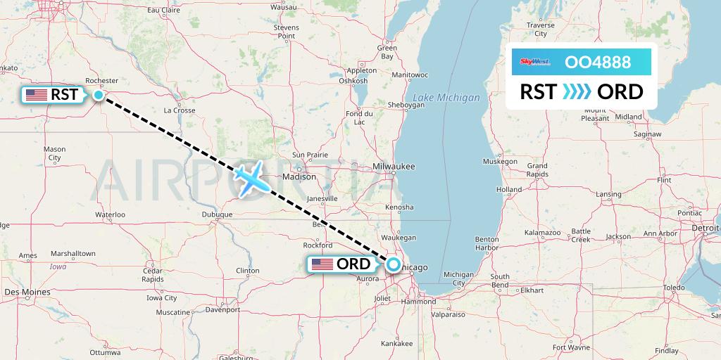 OO4888 SkyWest Airlines Flight Map: Rochester to Chicago