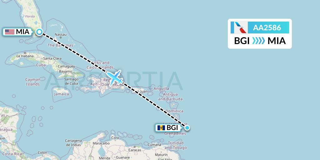AA2586 American Airlines Flight Map: Bridgetown to Miami
