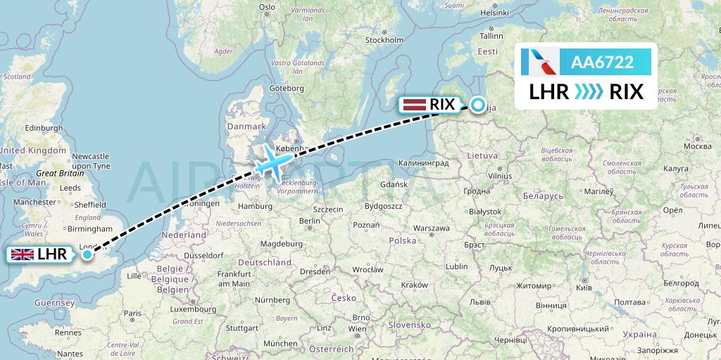 AA6722 American Airlines Flight Map: London to Riga
