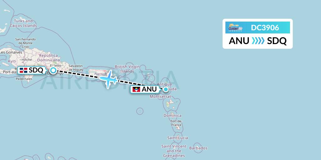 DC3906 Braathens Regional Flight Map: Antigua to Santo Domingo