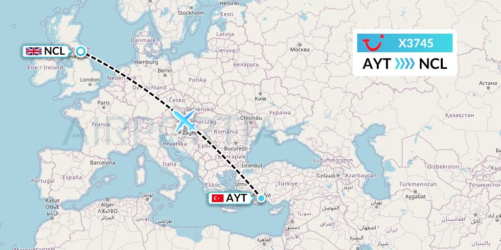X3745 TUI fly Germany Flight Map: Antalya to Newcastle