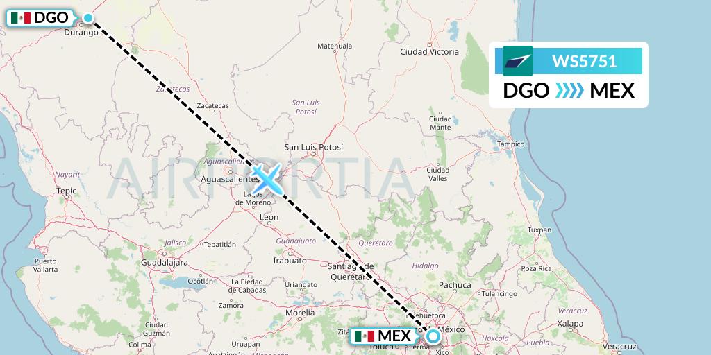 WS5751 WestJet Flight Map: Durango to Mexico City