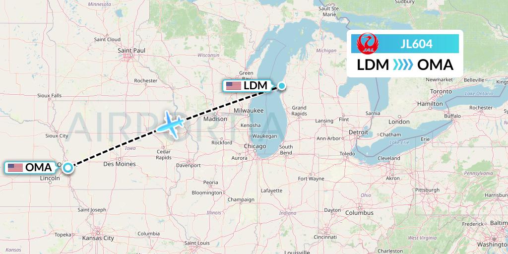 JL604 Japan Airlines Flight Map: Ludington to Omaha