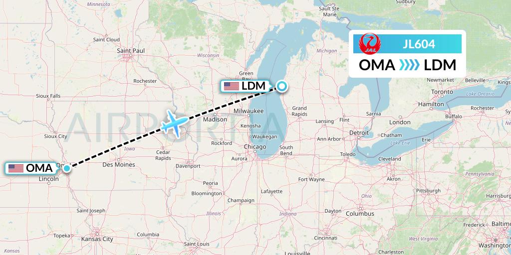 JL604 Japan Airlines Flight Map: Omaha to Ludington