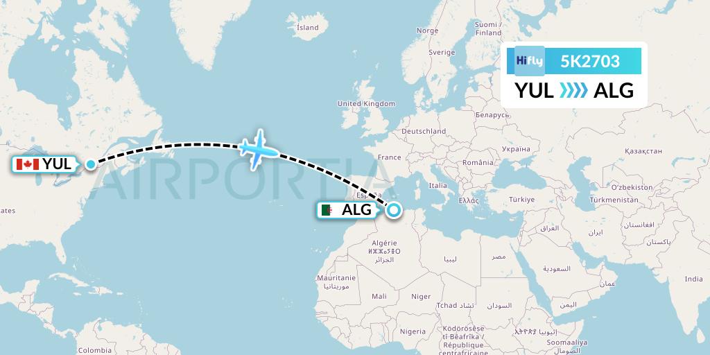 5K2703 Hi Fly Flight Map: Montreal to Algiers
