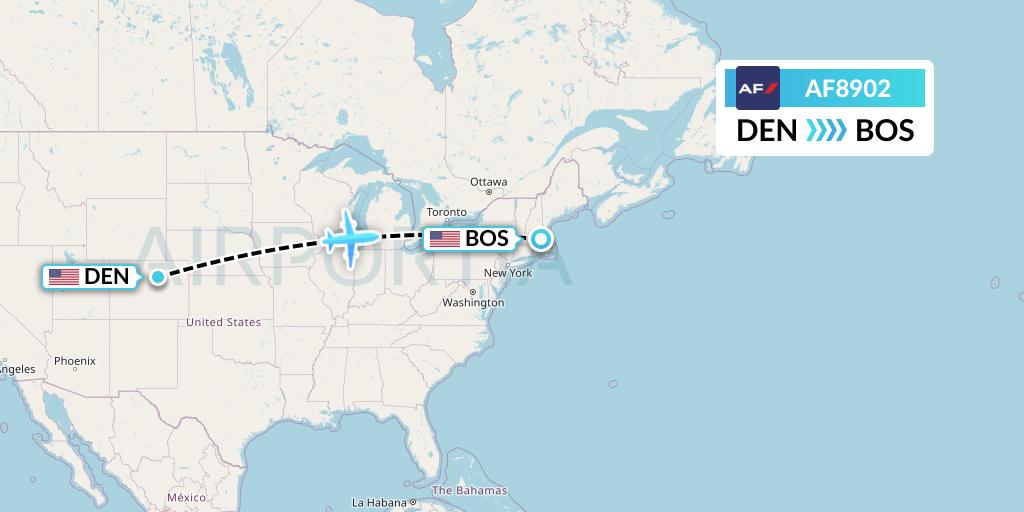 AF8902 Air France Flight Map: Denver to Boston