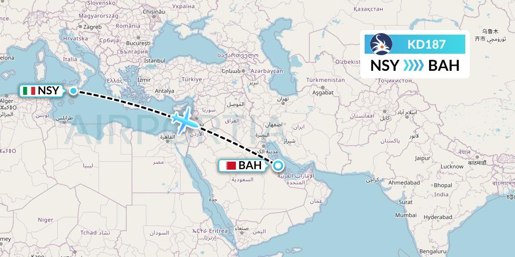 KD187 KalStar Aviation Flight Map: Italy to Bahrain