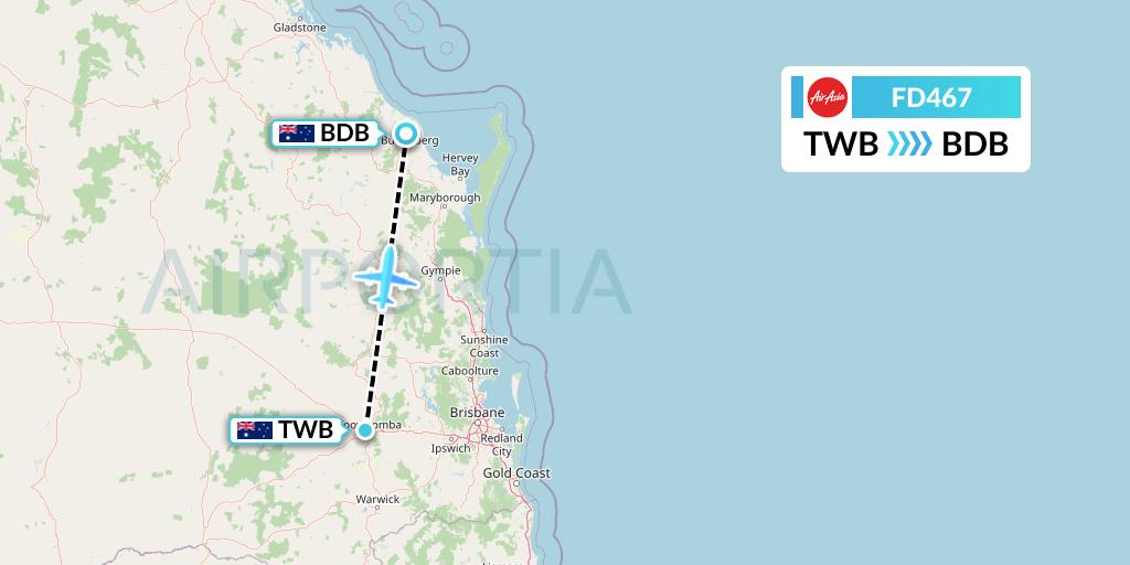 FD467 Thai AirAsia Flight Map: Toowoomba to Bundaberg