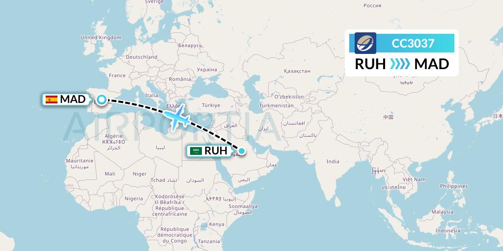 CC3037 CM Airlines Flight Map: Riyadh to Madrid