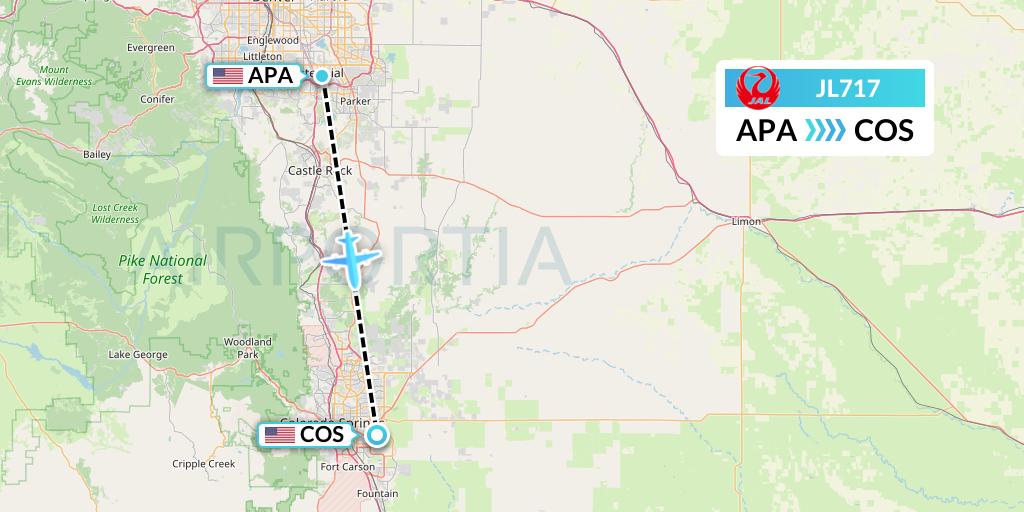 JL717 Japan Airlines Flight Map: Denver to Colorado Springs