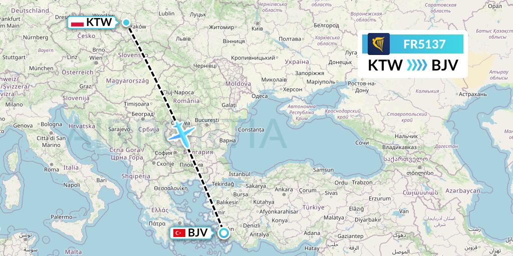 FR5137 Ryanair Flight Map: Katowice to Bodrum