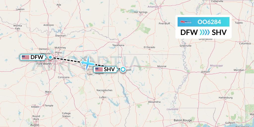 OO6284 SkyWest Airlines Flight Map: Dallas to Shreveport
