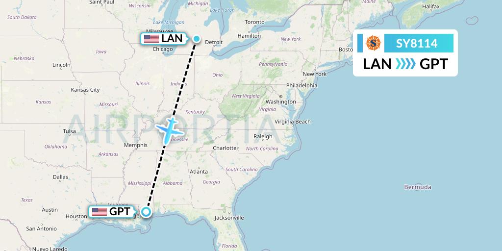 SY8114 Sun Country Airlines Flight Map: Lansing to Gulfport