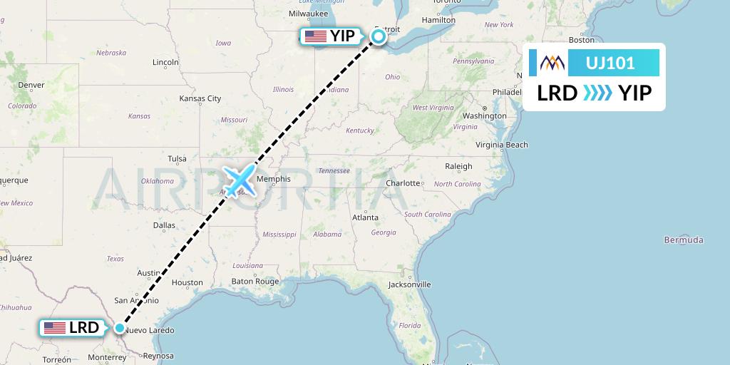 UJ101 AlMasria Universal Airlines Flight Map: Laredo to Detroit