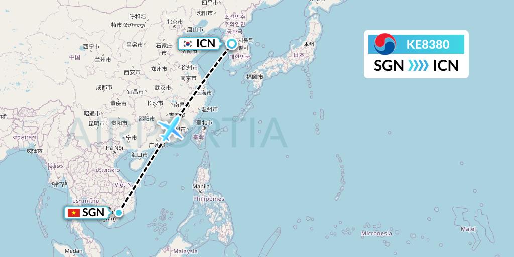 KE8380 Korean Air Flight Map: Ho Chi Minh City to Seoul