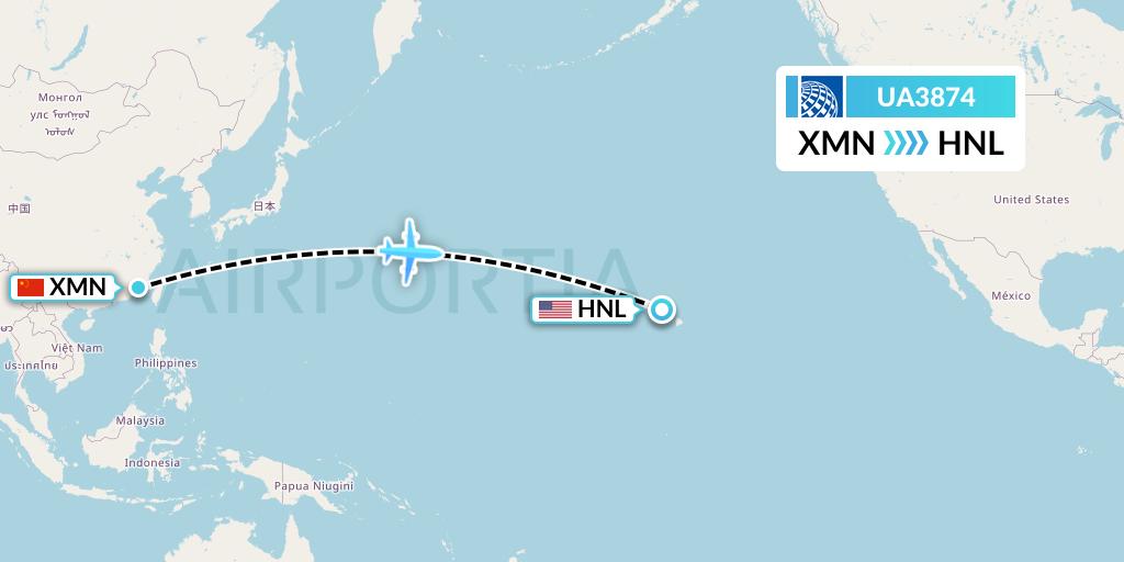 UA3874 United Airlines Flight Map: Xiamen to Honolulu