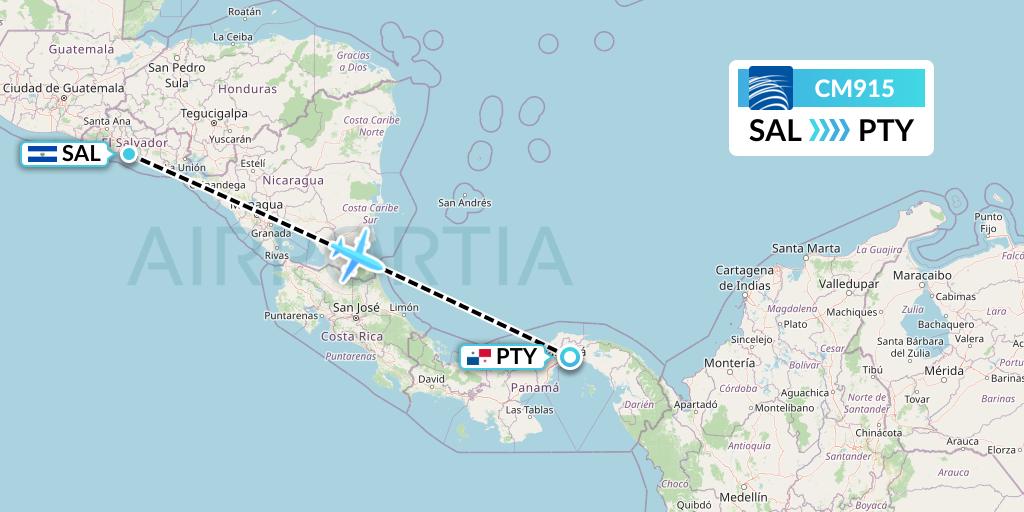 CM915 Copa Airlines Flight Map: San Salvador to Panama City