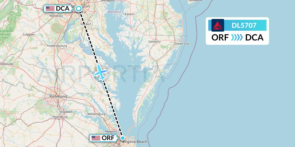 DL5707 Delta Air Lines Flight Map: Norfolk to Washington