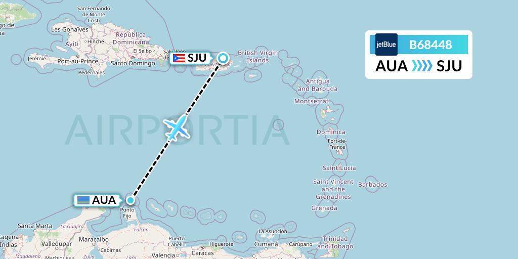 B68448 JetBlue Airways Flight Map: Oranjestad to San Juan