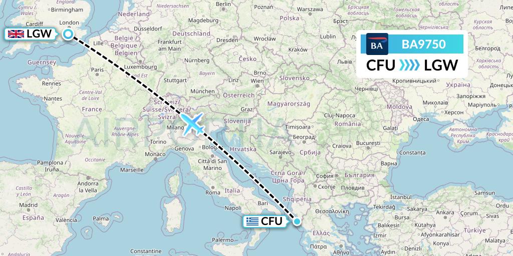 BA9750 British Airways Flight Map: Corfu to London