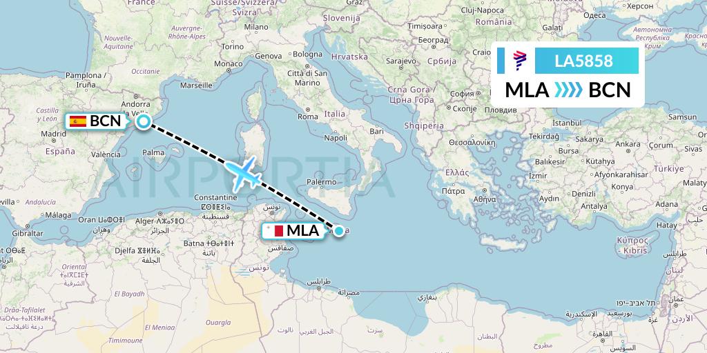 LA5858 LAN Airlines Flight Map: Malta to Barcelona