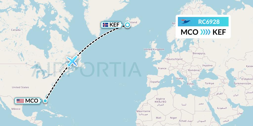 RC6928 Atlantic Airways Flight Map: Orlando to Reykjavik