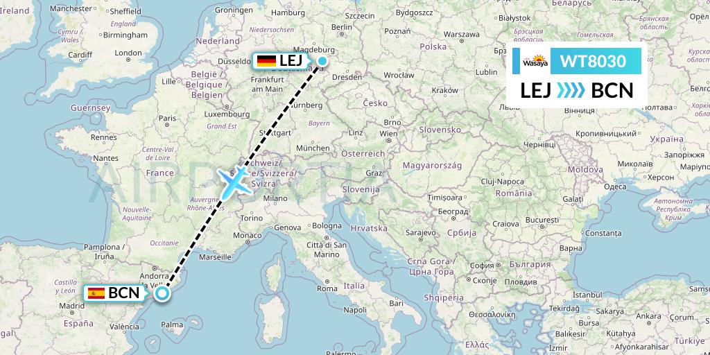 WT8030 Swiftair Flight Map: Leipzig to Barcelona