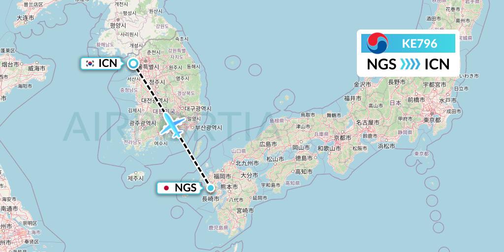 KE796 Korean Air Flight Map: Nagasaki to Seoul