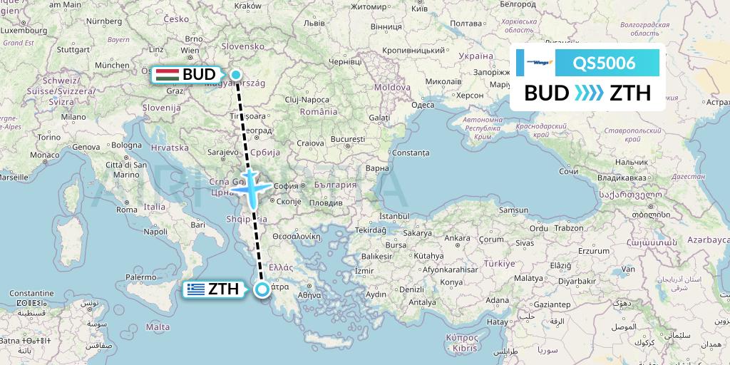 QS5006 Smartwings Flight Map: Budapest to Zakynthos