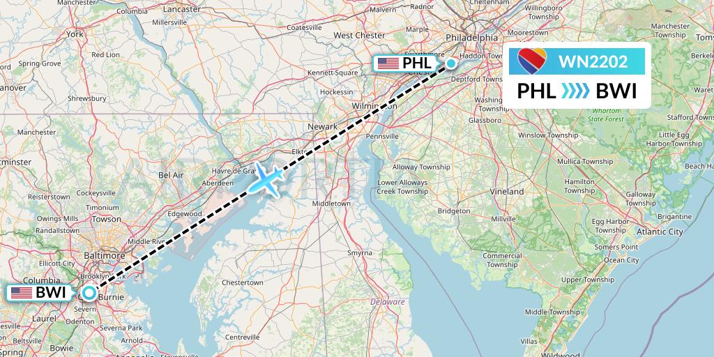 WN2202 Southwest Airlines Flight Map: Philadelphia to Baltimore
