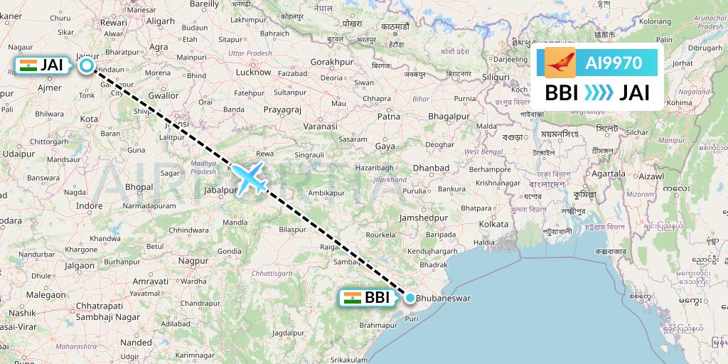 AI9970 Air India Flight Map: Bhubaneswar to Jaipur