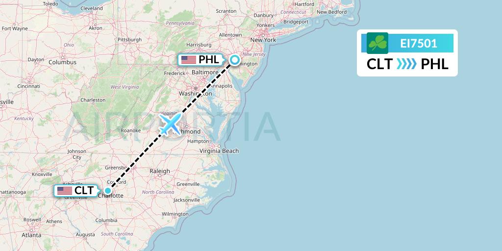 EI7501 Aer Lingus Flight Map: Charlotte to Philadelphia