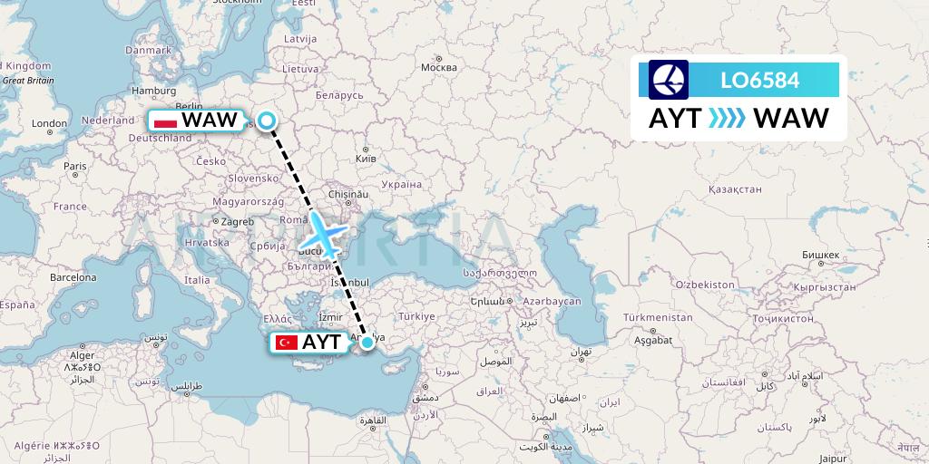 LO6584 LOT Flight Map: Antalya to Warsaw
