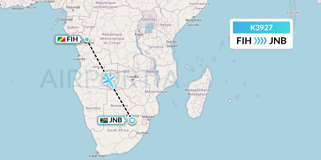 K3927 Taquan Air Flight Map: Kinshasa to Johannesburg