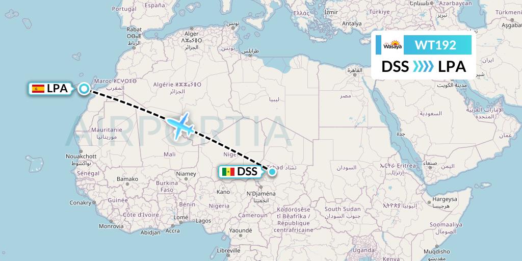 WT192 Swiftair Flight Map: Dakar to Las Palmas