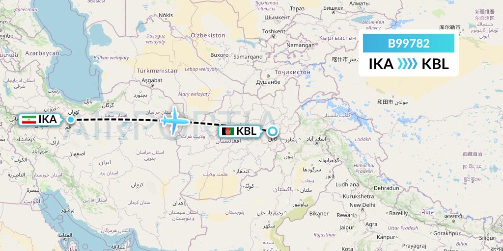 B99782 Iran Air Tours Flight Map: Tehran to Kabul