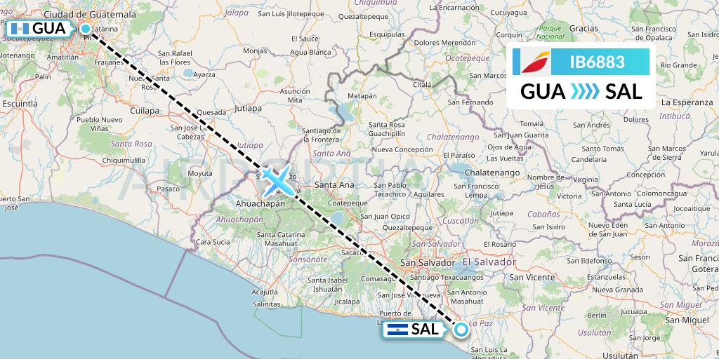 IB6883 Iberia Flight Map: Guatemala City to San Salvador